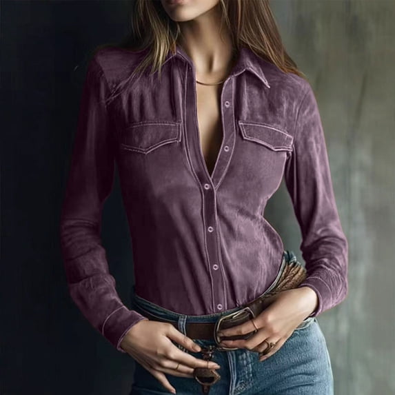 ClodeEU Women's Faux Suede Fabric Notched Lapel Chest Button Up Long Sleeve Shirt Purple,Womens Plus XXL
