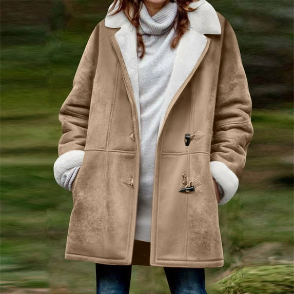 ClodeEU Women's Faux Suede Fleece-Lined Coat With Toggle Button ,Lapel Collar Jacket Coat with Pockets Khaki,Womens Plus S