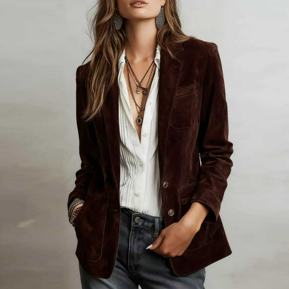 ClodeEU Women's Faux Suede Jacket With Pockets, Long Sleeve Button Lapel Casual Vintage Trendy Outerwear Wine,Womens Plus XS