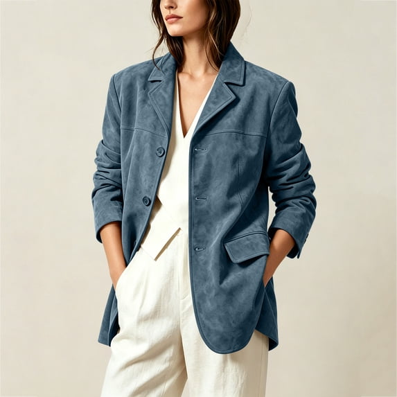 ClodeEU Women's Faux Suede Notched Lapel Long Sleeve Blazer Jacket,Casual Loose Work Coat ,Women's Plus L