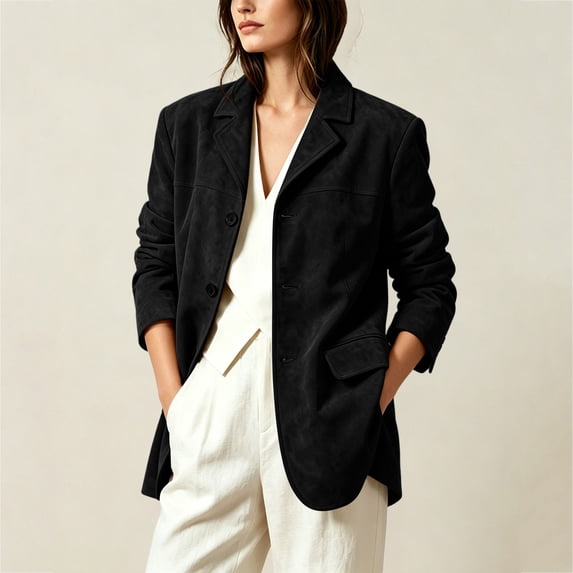 ClodeEU Women's Faux Suede Notched Lapel Long Sleeve Blazer Jacket,Casual Loose Work Coat ,Women's Plus XXL