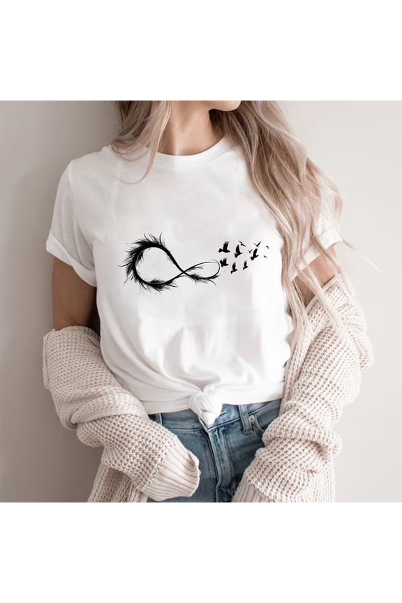 Women's Feather Print Short Sleeve Top ,Round Neck Casual Tee White 10,Womens Plus XXXL