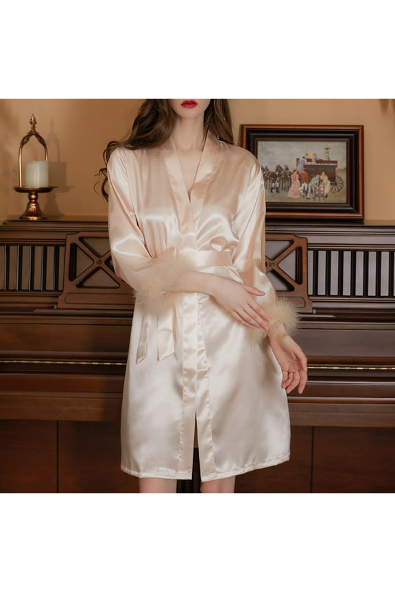 U Women's Feather Trim Kimono Satin 3/4 Sleeve Bathrobe With Belt ,Wedding Birthday Party Gifts Beige,Womens Plus L