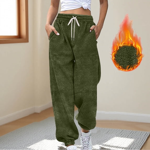 ClodeEU Women's Flannel Sweatpants With Pockets,Elastic Waist Pant With Drawstring ,Fashion Loose Warm Pant Army Green,Womens Plus L