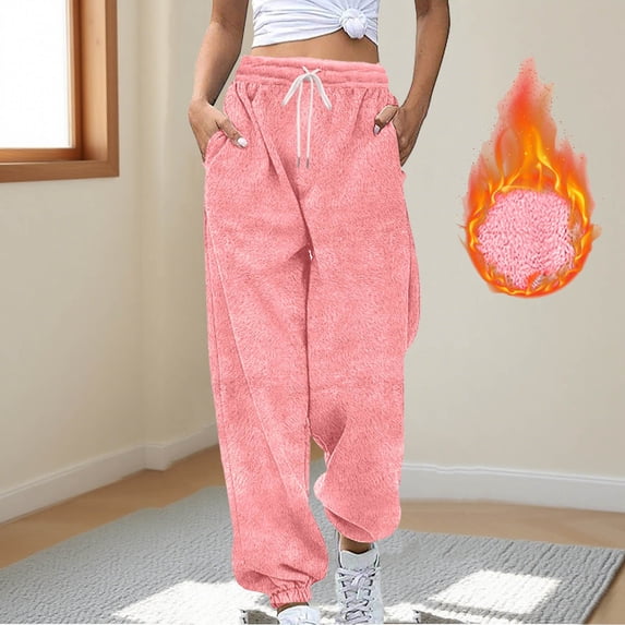 ClodeEU Women's Flannel Sweatpants With Pockets,Elastic Waist Pant With Drawstring ,Fashion Loose Warm Pant Pink,Womens Plus S