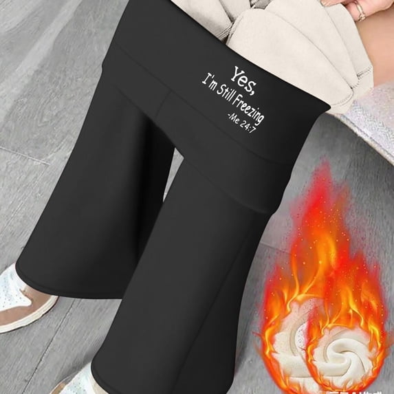 ClodeEU Women's Fleece Lined High Waist Yoga Pant With Pocketes,Casual Trendy Flare Leg Pants Black,Womens Plus L