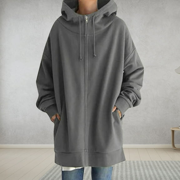 ClodeEU Women's Fleece Lined Hooded Zip Up Long Jacket With Pockets,Casual Loose Trendy Jacket Gray,Womens Plus XXXXL