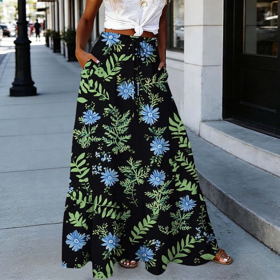ClodeEU Women's Floral Printed Drawstring Elastic Waist Maxi Skirt with Pockets ,Casual Summer Flowy Long Skirt a-Black,Womens Plus XL