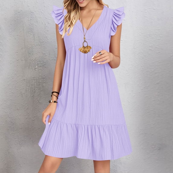 ClodeEU Women's Flowy Cute Ruffle Cap Sleeve V Neck Babydoll Dresses,Swing Mini Dress Sundress Purple,Womens Plus XL