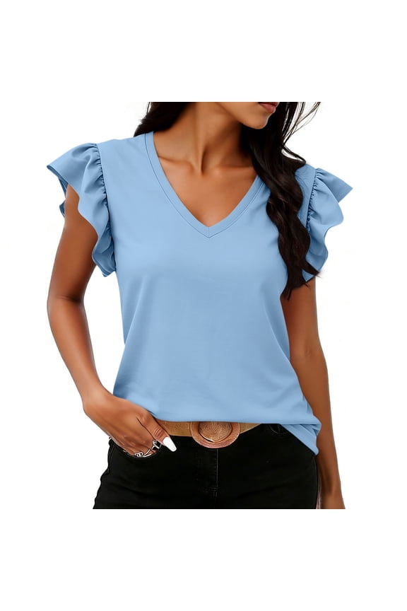 Women's Flutter Sleeve V Neck Short Sleeve Top ,Casual Loose Fit Blouse Light Blue,Womens Plus M