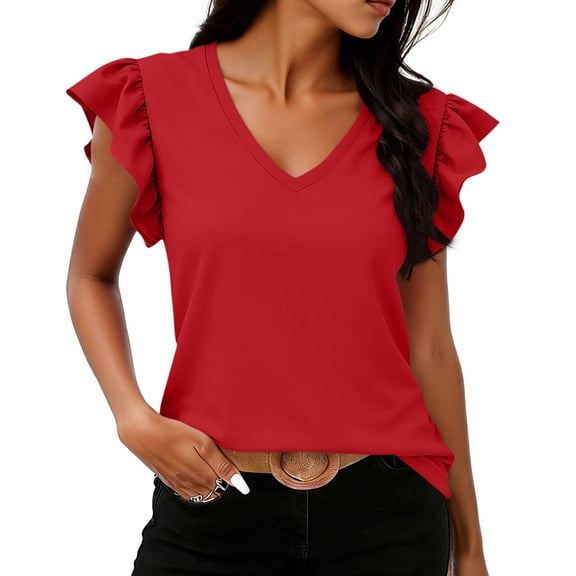 ClodeEU Women's Flutter Sleeve V Neck Short Sleeve Top ,Casual Loose Fit Blouse Red,Womens Plus S
