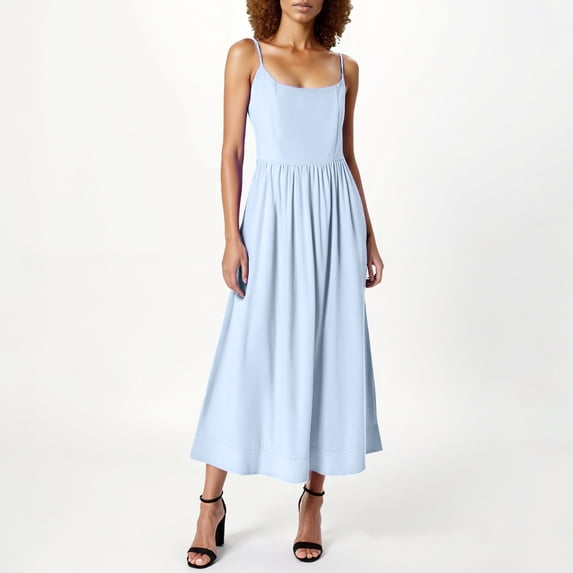 ClodeEU Women's French Vintage Fitted Spaghetti Strap Dress, Elegant Low Cut Flowy Midi Dress Blue,Womens Plus XL