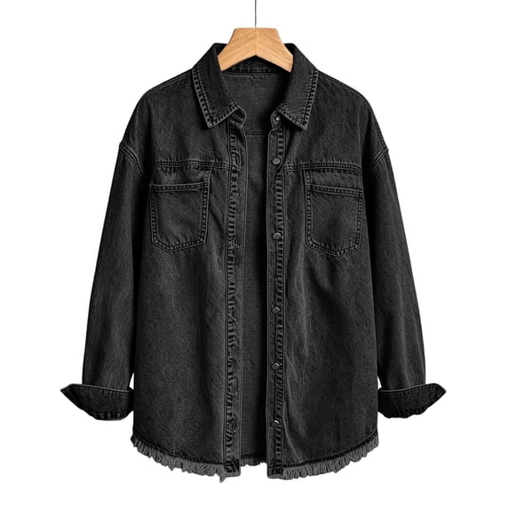 ClodeEU Women's Fringe Trim Hem Denim Shacket,Oversized Long Sleeve Button Down Jean Shirt Jacket ,Women's Plus S