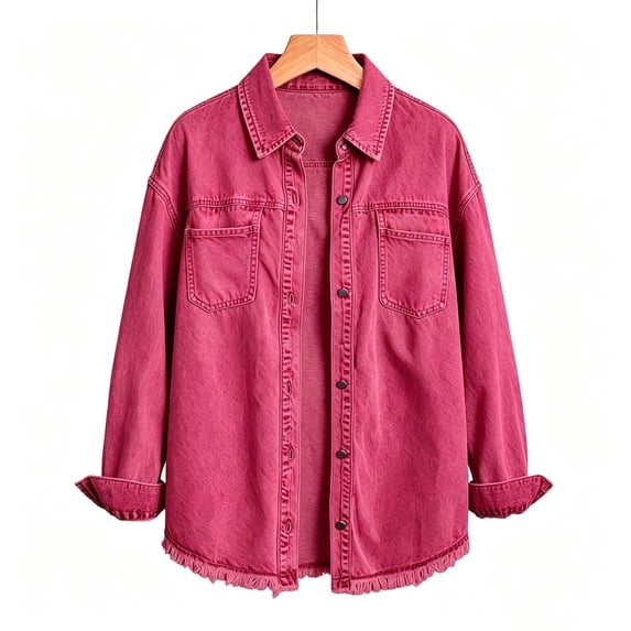 ClodeEU Women's Fringe Trim Hem Denim Shacket,Oversized Long Sleeve Button Down Jean Shirt Jacket ,Women's Plus XL