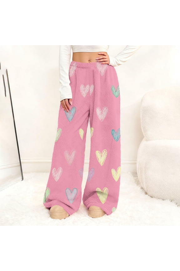 Women's Fuzzy Plush Pants With Heart Print,Elastic Waist Wide Leg Bottoms Lounge Sleep Pants B-Red,Womens Plus XXL