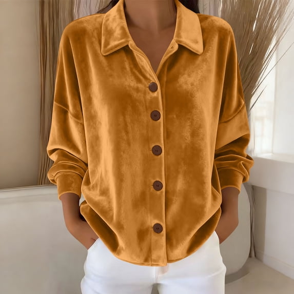 ClodeEU Women's Gold Velvet Long-Sleeved Shirt,Lapel Cardigan Solid Color Blouse Yellow,Womens Plus S