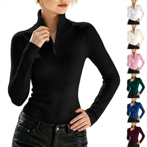 ClodeEU Women's Half Zip Turtleneck Long Sleeve Slim Fit Top,Stretchy Ribbed Knit Base Layer Shirt ,Women's S-XXL