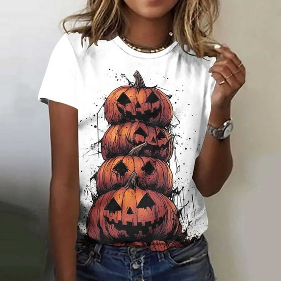 ClodeEU Women's Halloween Printed T Shirt, Short Sleeved Round Neck Top Multicolor,Womens Plus XXXXXL
