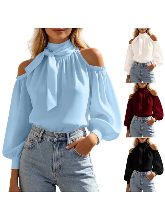 Women's Halter Cold Shoulder Blouse,Ruffle Neck Puff Long Sleeve Chiffon Solid Casual Shirt ,Women's Plus XXL