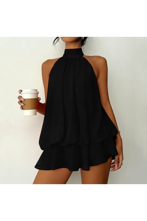 U Women's Halter Dress Tie Backless Chiffon Mini Dress,Ruffle Vacation Dresses Black,Womens Plus M