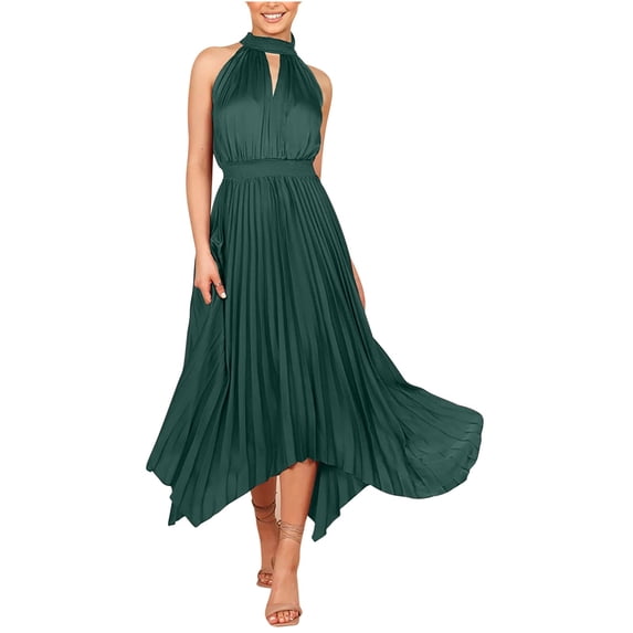 ClodeEU Women's Halter Neck Fitted Waist Maxi Dress ,Sleeveless Solid Color Pleated Casual Long Dress Army Green,Womens Plus XL