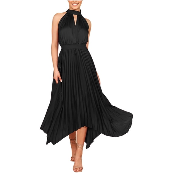 ClodeEU Women's Halter Neck Fitted Waist Maxi Dress ,Sleeveless Solid Color Pleated Casual Long Dress Black,Womens Plus S