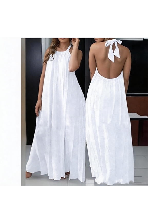 U Women's Halter Neck Open Back Maxi Dress, Flowy A-Line Boho Beach Vacation Summer Dress White,Women's Plus S