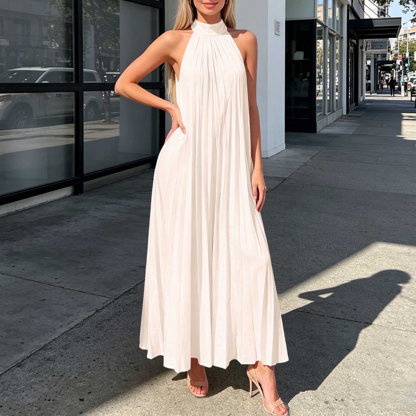 flowy maxi dress beach Clodeeu Women's Halter Neck Sleeveless Pleated Dress,Solid Loose Swing Long for Vacation Yellow,Women's Plus M, Size: Medium Regular-Fit-Relaxed
