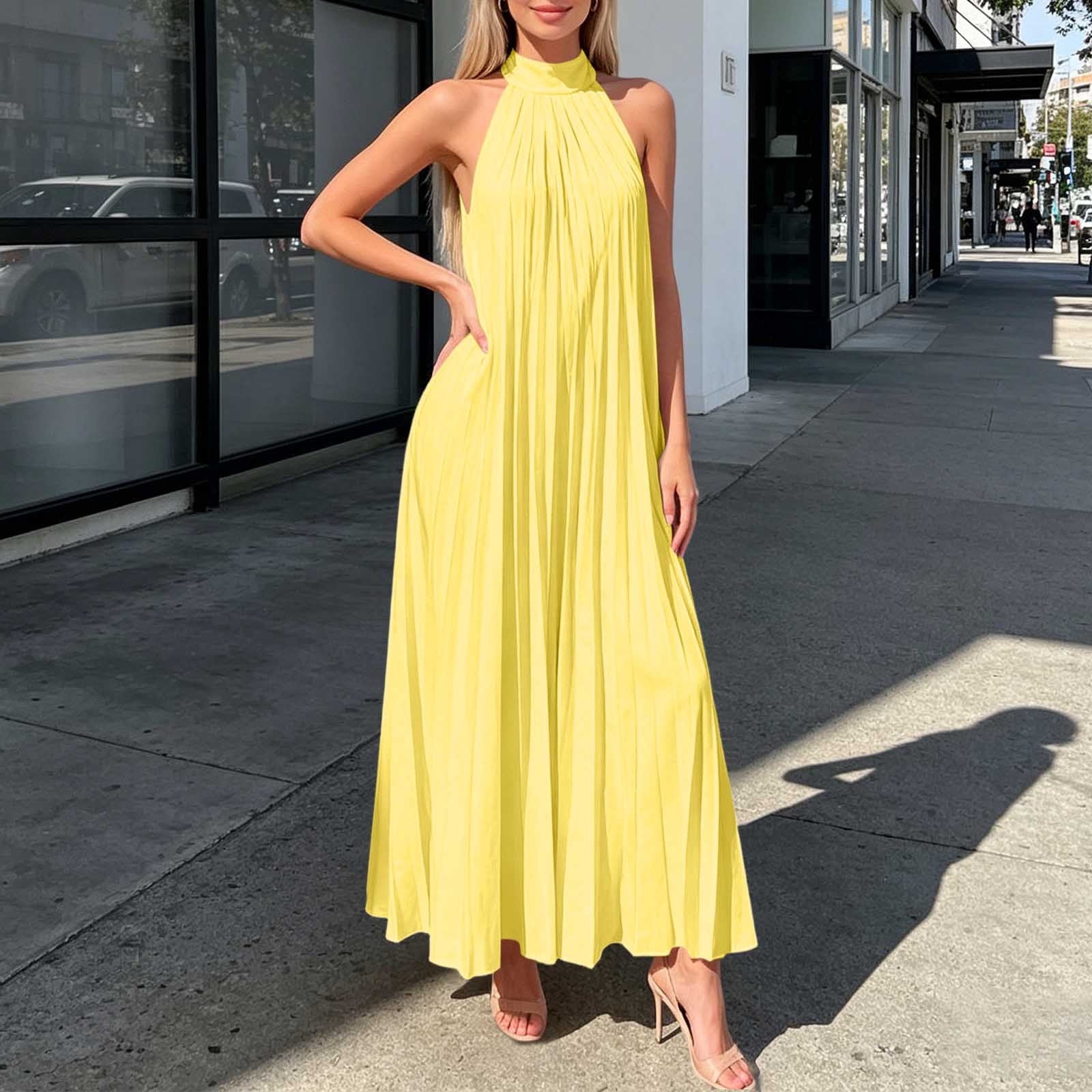 flowy yellow maxi dress Clodeeu Women's Halter Neck Sleeveless Pleated Dress,Solid Loose Swing Long for Beach Vacation Yellow,Women's Plus M, Size: Medium Fit: Slim Fit
