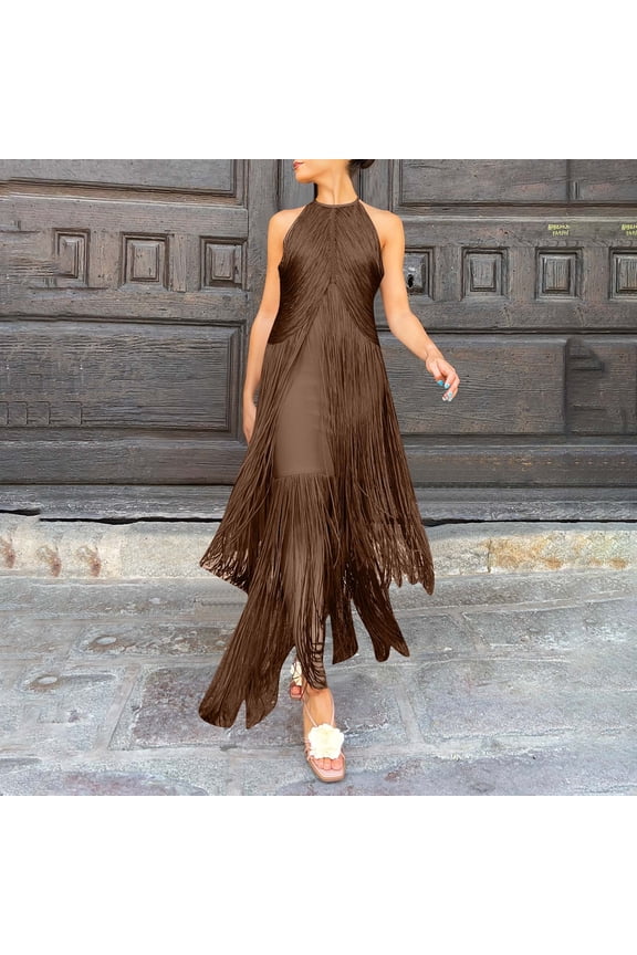 U Women's Halter Neck Tassel Hem Maxi Dress ,Casual Loose Fit Flowy Beach Vacation Dress Coffee,Women's Plus XL