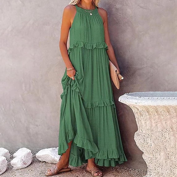ClodeEU Women's Halter Neck Tiered Maxi Dress,Casual Flowy A-Line Sundress Green,Women's Plus L