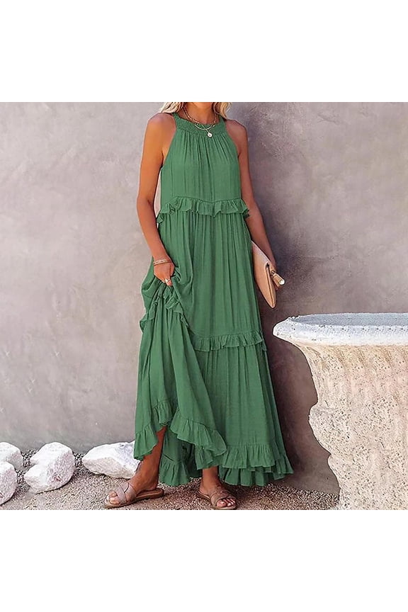 Women's Halter Neck Tiered Maxi Dress,Casual Flowy A-Line Sundress Green,Women's Plus XXL