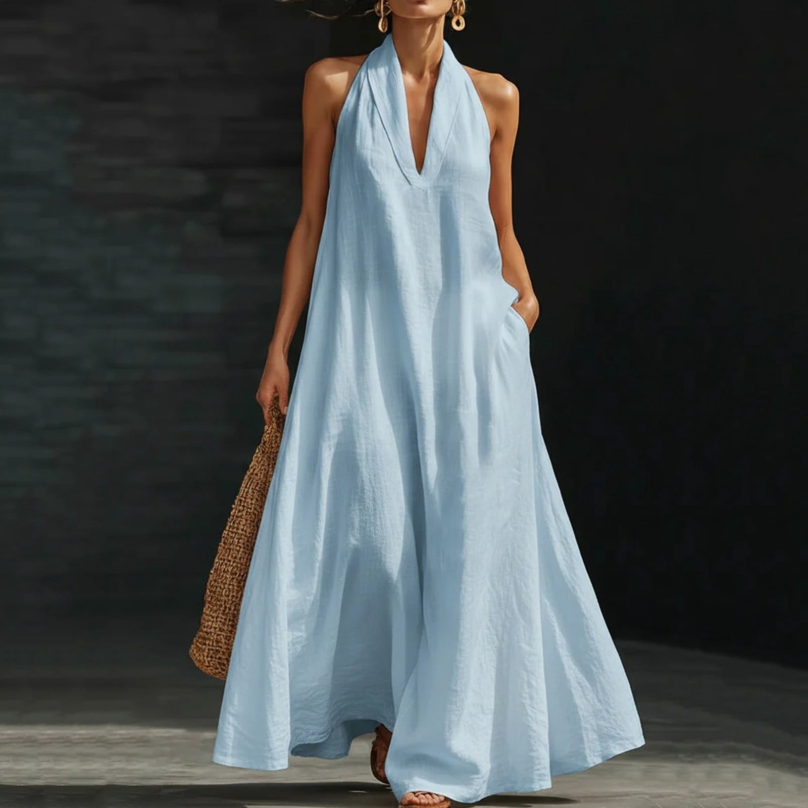 ClodeEU Women's Halter Neck V Neck Sleeveless Maxi Dress, Formal ...