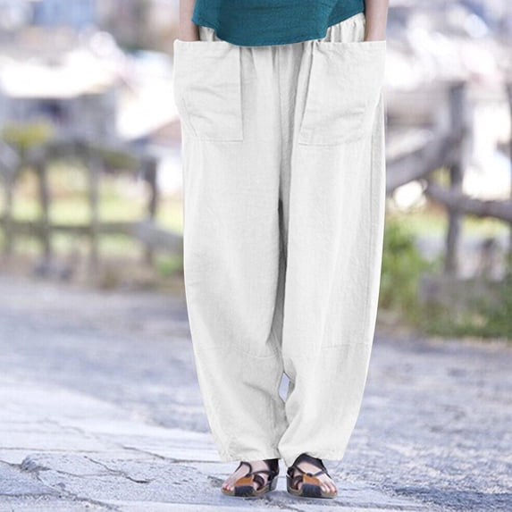 ClodeEU Women's Harem Pants,Lightweight Loose Fit Capri Pants, Elastic Waist Linen Pants With Pockers White,Womens Plus XXL