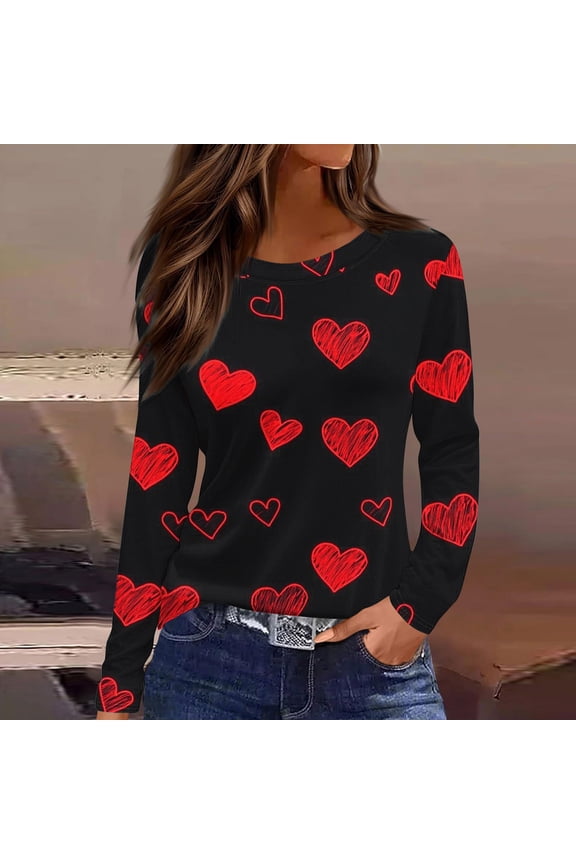 Women's Heart Print Long Sleeve Valentines Day Round Neck T Shirts ,Casual Long Sleeve Tops Black,Womens Plus S
