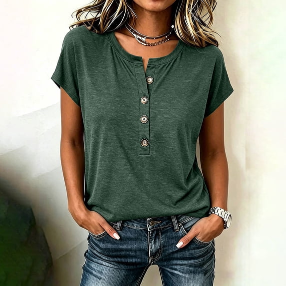 ClodeEU Women's Henley Neck Button Short Sleeve T-Shirt,Casual Loose Fit Solid Color Tee for Summer Green,Women's Plus XXL