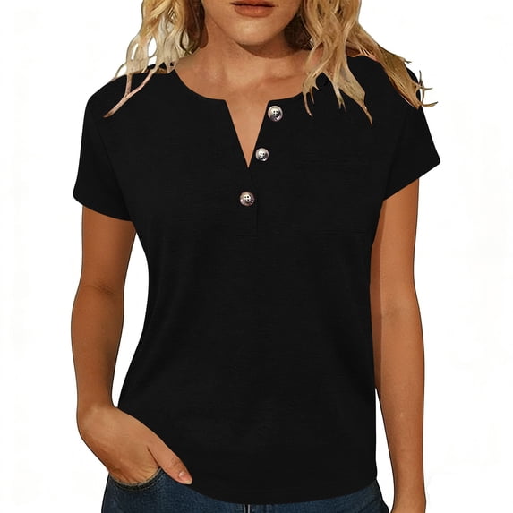ClodeEU Women's Henley Neck Short Sleeve T-Shirt,Casual Loose Button Down Summer Tops Black,Women's Plus XXL