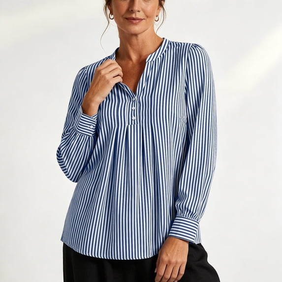 ClodeEU Women's Henley Pleated Front Long Sleeve Blouse,Casual Loose Flowy Shirt Top Blue,Women's Plus L
