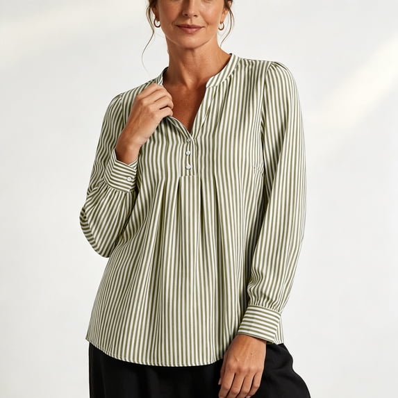 ClodeEU Women's Henley Pleated Front Long Sleeve Blouse,Casual Loose Flowy Shirt Top Green,Women's Plus XXL