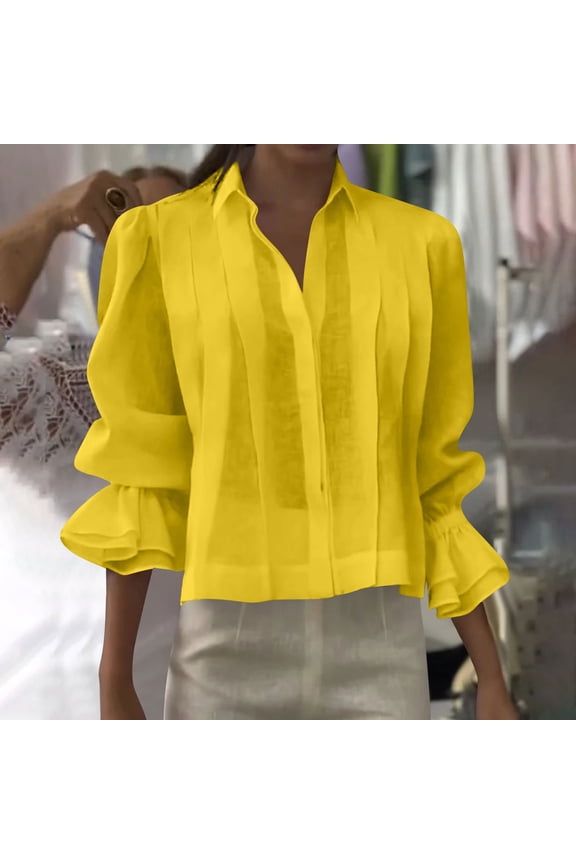 Women's Hidden Button Shirt with Pleated Detail,Loose Fit Casual Solid Color Blouse Yellow,Womens Plus XXL