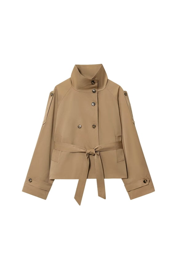 Women's High Collar Cropped Trench Coat ,Double Breasted Short Jacket With Belt , Fall Fashion Cropped Jacket Khaki,Womens Plus M