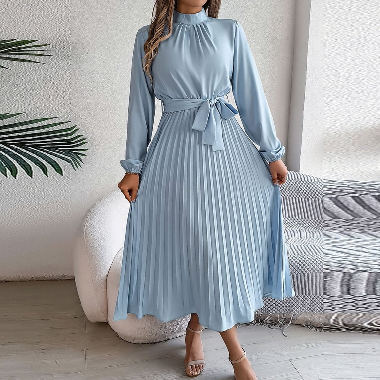 high neck tie waist midi dress Clodeeu Women's Long Sleeve Cinched Pleated Dress, Elegant Swing with Waist Light Blue,Women's Plus L, Size: Large Green Lantern