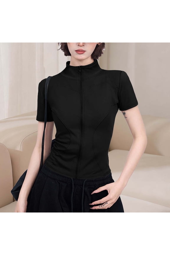 Women's High Neck Short Sleeves Ruched Workout T-Shirt, Quick Dry Form Fitting Yoga Top Black,Women's Plus XL