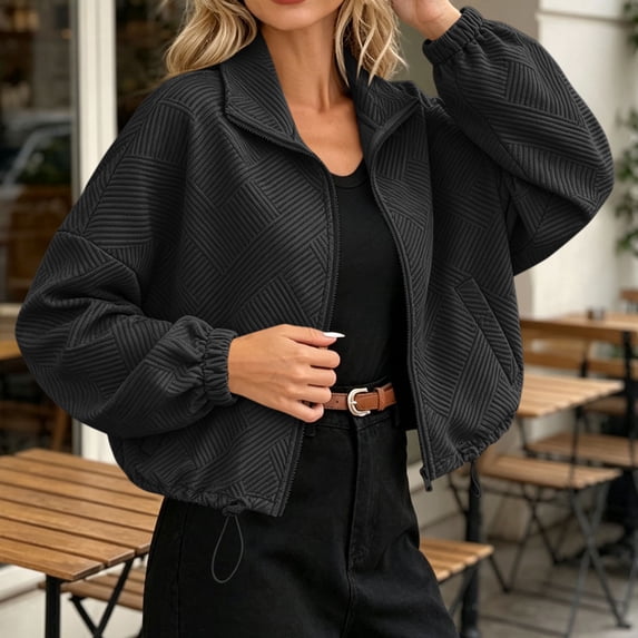 ClodeEU Women's High Neck Zip Up Long Sleeve Cropped Jacket with Drawstring Hem,Casual Short Coat With Pockets ,Women's Plus L