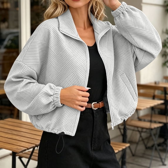 ClodeEU Women's High Neck Zip Up Long Sleeve Cropped Jacket with Drawstring Hem,Casual Short Coat With Pockets ,Women's Plus XXL