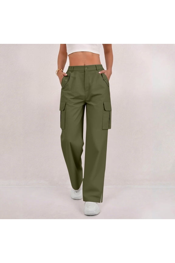 Women's High-Rise Cargo Pants,Elastic Waist Button,Relaxed-Fit Wide Leg Cargo Pant With Pocket Army Green,Womens Plus XXL