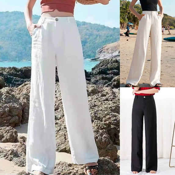 ClodeEU Women's High Rise Linen Blend Trousers with Pockets ,Relaxed Fit Straight Leg Pants Beige,Womens Plus XL