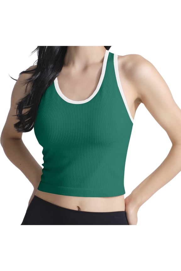 Women's High Stretch Ribbed Seamless Racerback Sports Bra Tank Built-in Pads Green,Womens Plus M