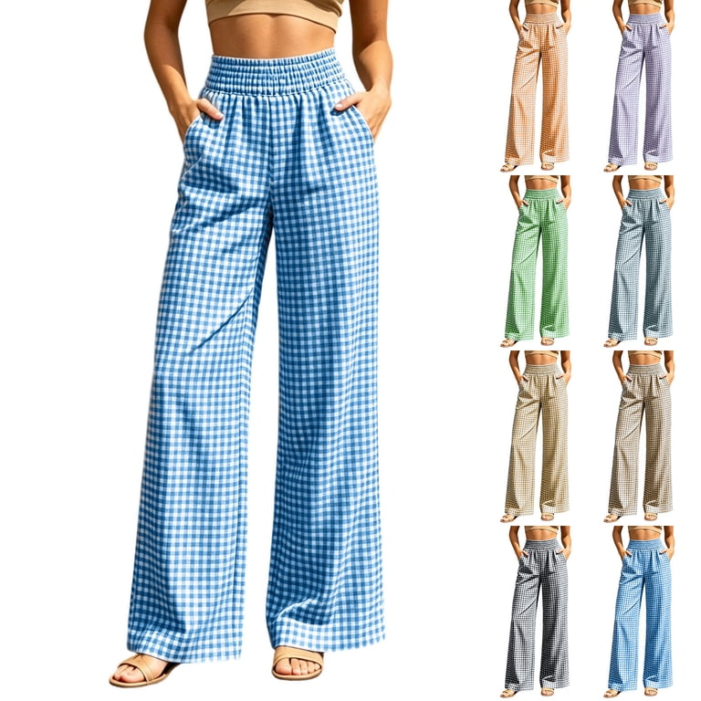 ClodeEU Women's High Stretch Waist Plaid Wide Leg Pants ,Casual