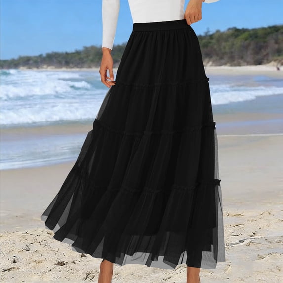ClodeEU Women's High Waist A Line Tiered Ruffle Maxi Skirt,Flowy Elastic Waist Long Skirt with Pockets Black,Women's Plus L